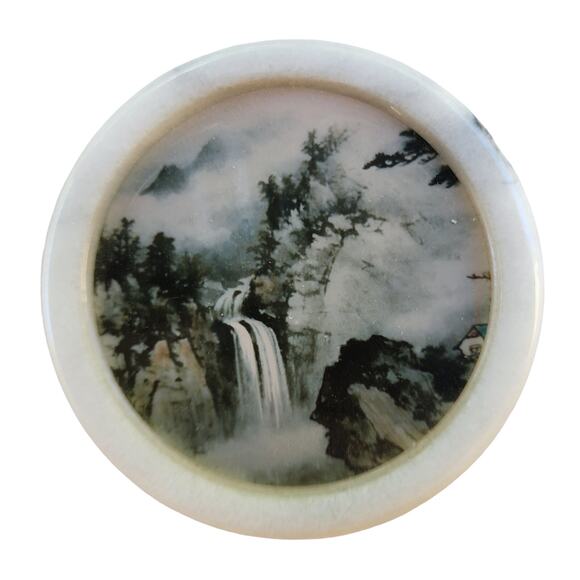 Vintage 60s Chinese Set of 6 Coasters Marble & Glass Village Landscape Barware - Picture 16 of 16